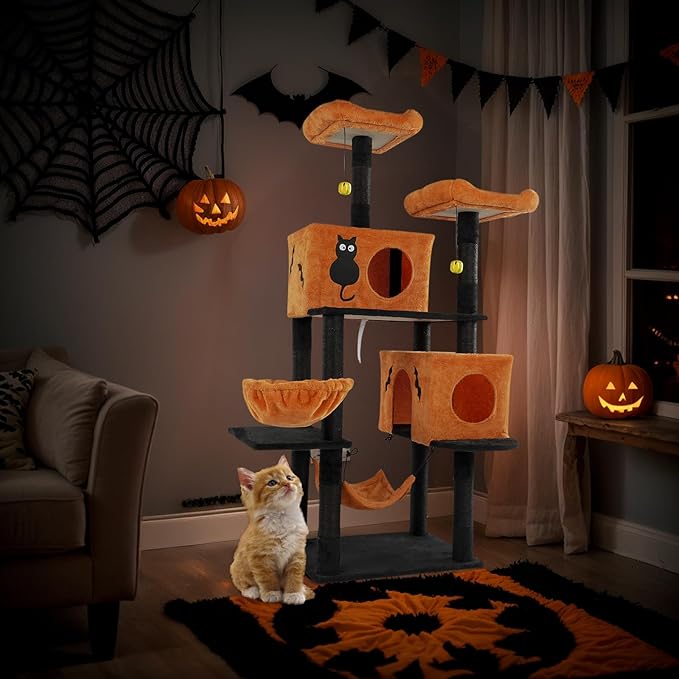 61" Halloween Cat Tree, Large Cat Tower with 2 Spacious Cat Condos, 2 Padded Perches, 2 Hammocks, Scratching Posts, Hanging Toy, Multi-Level Cat Activities Furniture for Large Cats (58 * 44 * 155CM)