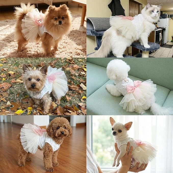 Dog and Cat Girl Bow Dress, White Dog D-Ring Wedding Dress with Pink Bow, Cat Birthday Set, Chihuahua York Pomeranian Cat Pet Party Dress (Pink Bow-Princess, X-Small)