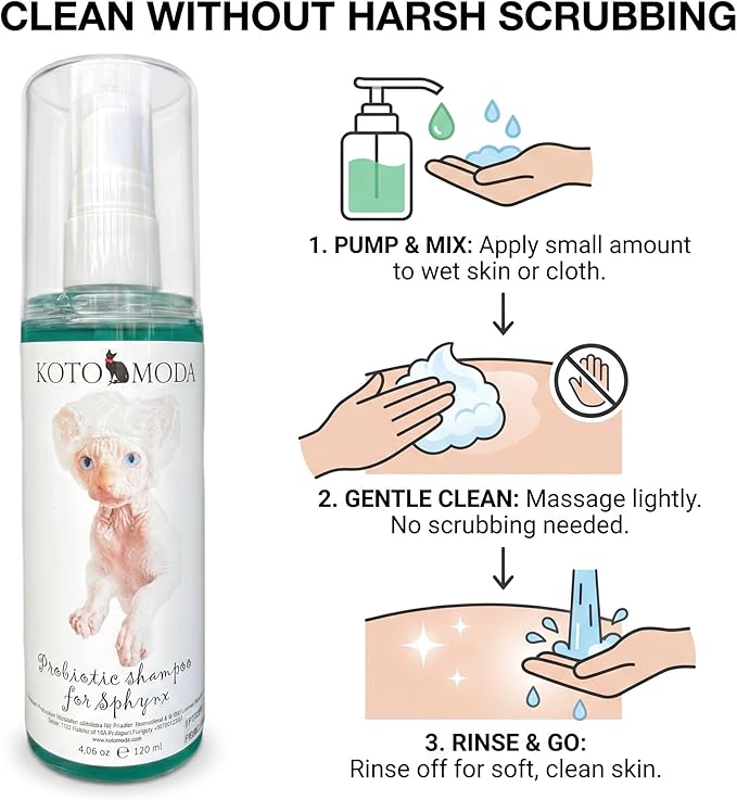 Probiotic Shampoo for Sphynx Cats, Gentle Unscented Cleanser for Hairless and Short-Hair Breeds, pH Balanced Moisturizing Formula for Sensitive Skin, 4.06 fl oz / 120 ml