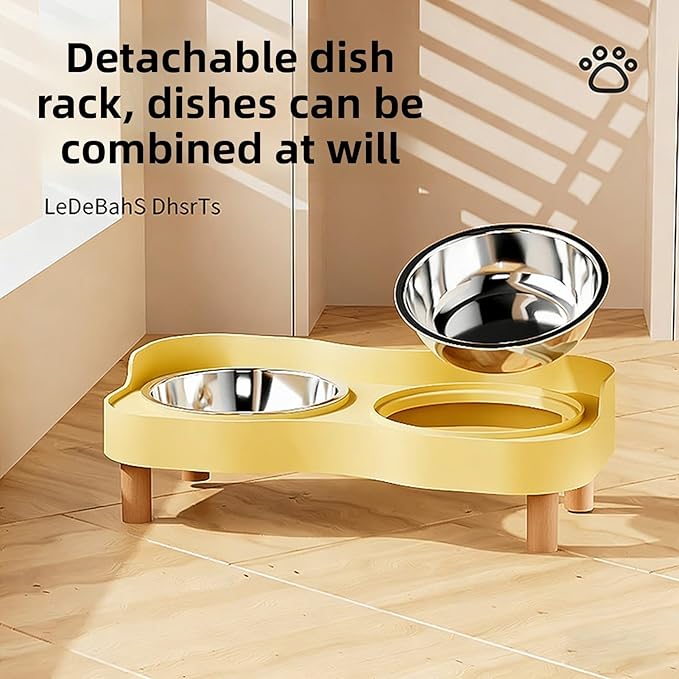 Cat Food Bowl, Elevated Cat Feeding Station Splashing Proof Raised Dish with 2 Stainless Steel Bowls for Pet Small Animals