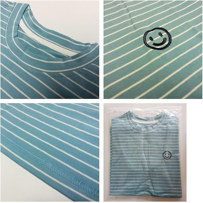 Matching Dog and Owner Clothes,Blue Striped Women Shirt Short Sleeve,Cotton Women Summer Shirt Crewneck,Casual Summer Tops Loose Fit(Owner XL)