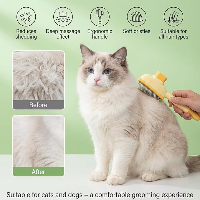 2 Pack Self-Cleaning Pet Comb for Dogs & Cats, Reusable Cat Grooming Brush Dog Shedding Brush Pet Hair Brushes Cats Fur Combs with Long Short Stainless Steel Metal Teeth for Indoor Dog Deshedding