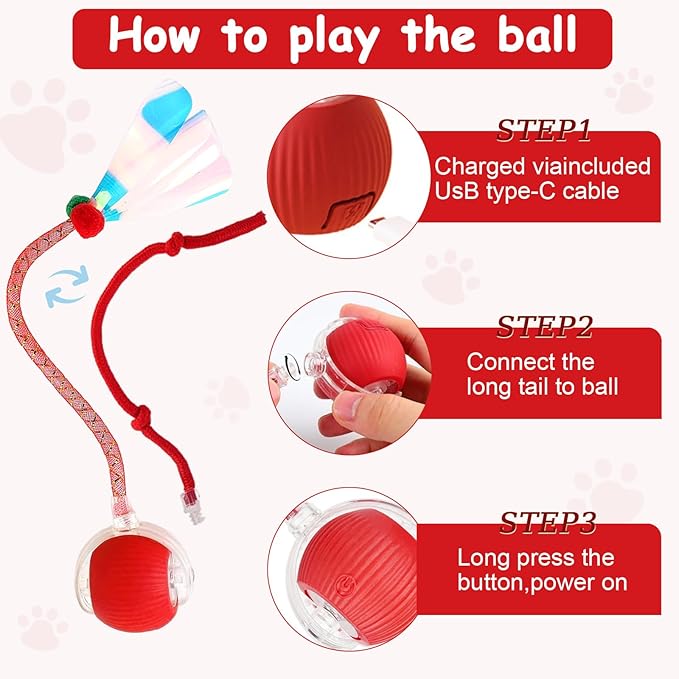2PCS Interactive Cat Toys Smart Ball for Cats and Dogs, 360° Automatic Rolling Chase, 2 Rapid-Action Tails, Designed for Indoor pet Exercise, Boredom Relief, and Fun Chase Play.（Red＆Blue）