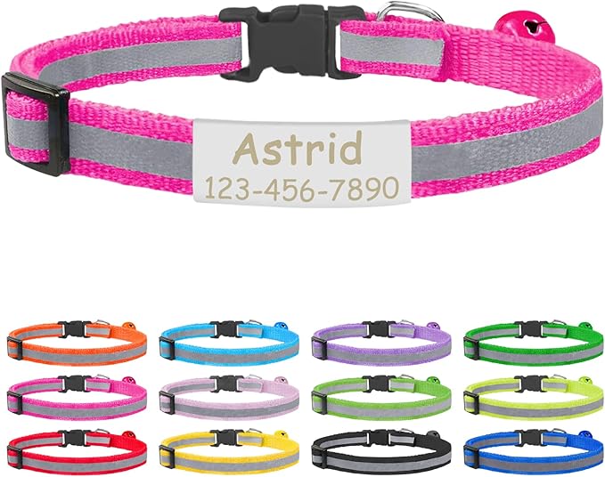 CAMAL Cat Collar with Name Tag, Reflective Cat Collar Breakaway for Kitten Puppy, Personalized Cat Collar, Adjustable 7.5"-12.5" (Rose Red)