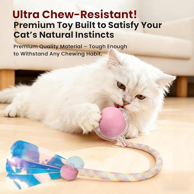 Rocfish Cat Toys, Cat Toys for Indoor Cats, Cat Toys Interactive, 360° Rotating Automatic Interactive Cat Ball, Smart Activation, LED Light, Type-C Rechargeable, 3 Replaceable Dragonfly Tails (Pink)