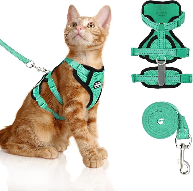 Cat Harness for Walking, Escape Proof Cat Harness and Leash Set with Reflective Strip, Adjustable Cat Leash Breathable Soft Vest for Small to Large Cats, Green, M