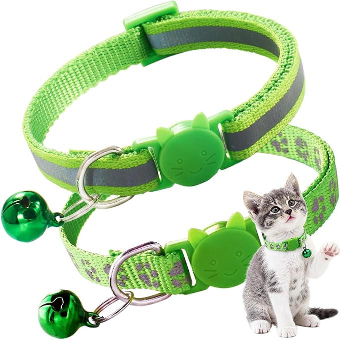 2 Pack Cat Collar with Bells, Claw Print Reflective Kitten Collars Breakaway Safety Buckle Adjustable for Girl and Boy Kitty Pets, Light Green