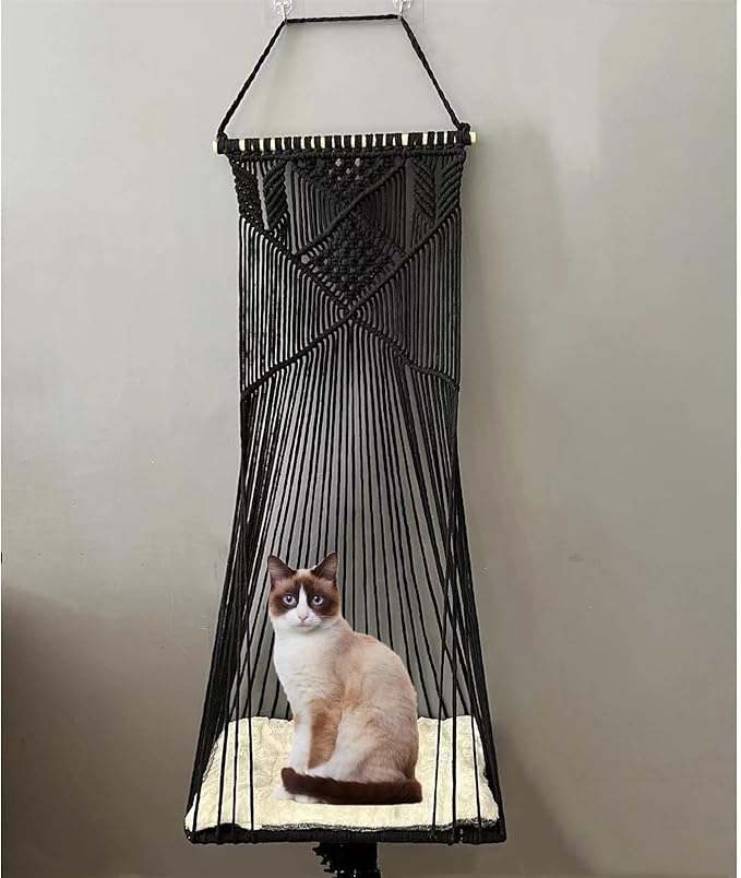 Macrame Cat Hammock - Hanging Cat Swing Bed for Indoor Sleeping, Playing, Climbing, and Lounging (Black)