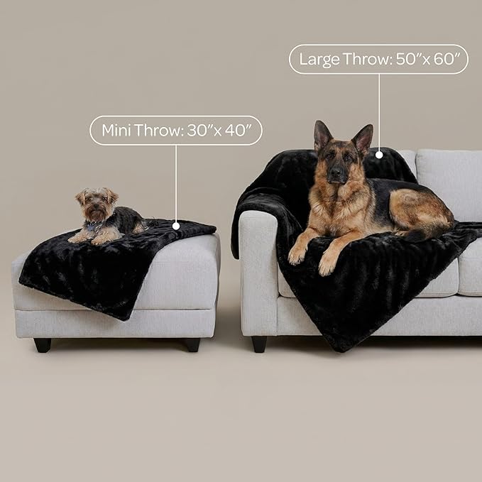4 Cats & Dogs Leak Resistant Mini Faux Fur Throw, Soft European Faux Fur Pet Blanket, Velvet Backing, 40 x 30 Inch Cozy Furniture Protector for Pets, Machine Washable (Black)