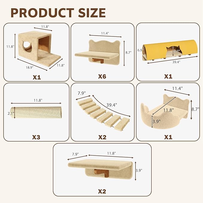 Cat Wall Shelves, Wall Mounted Cat Shelf Furniture with Plush Fabric(16 Piece Set), Cats Furniture with 40''L Tunnel, Condos, House, Steps, Bridge Ladder and Scratching Post, Beige