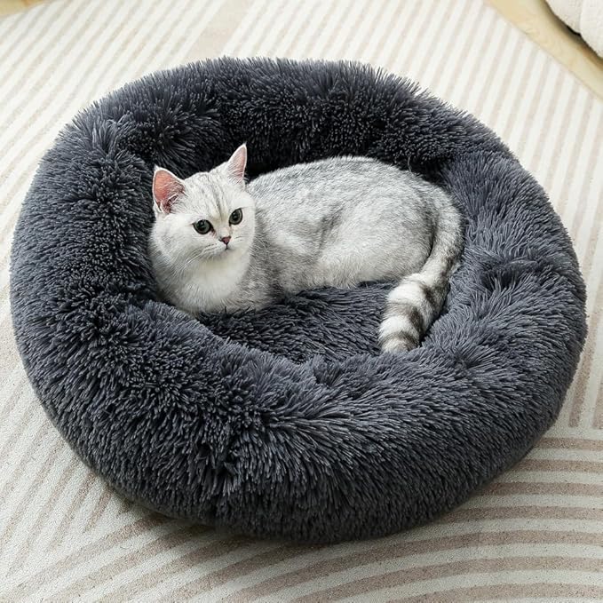 Cat Bed Plush Donut Dog Bed Fluffy Calming Pet Bed Dog Round Bed Cat Round Bed Warm Kitten Nest Rabbit Cave Kitten Bed Ideal for Small 3KG Pet