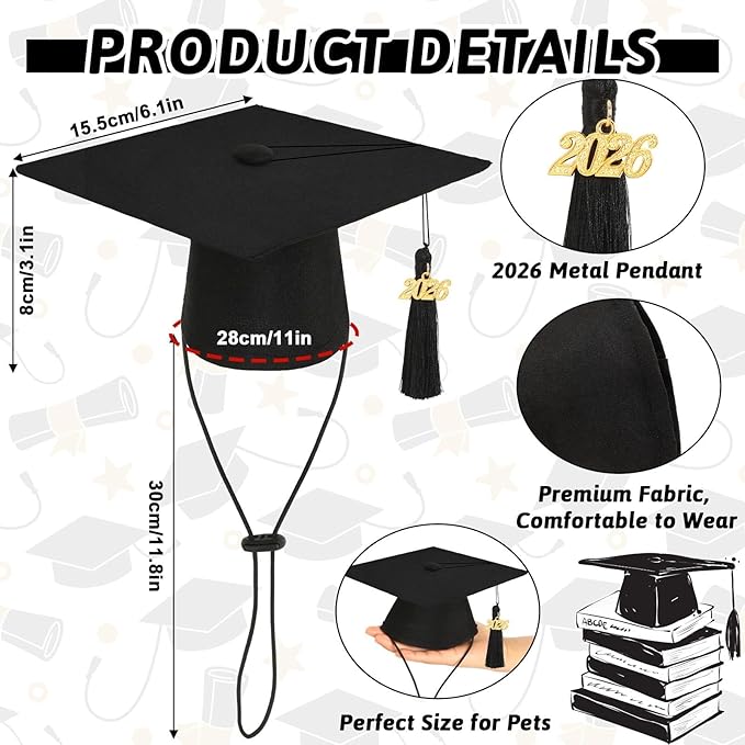JULMELON Pet Graduation Caps with 2026 Black Tassels, Dog and Cats Graduation Hats Adjustable Mini Graduation Caps for AKC Graduation Photo Props Holiday Costume Accessories