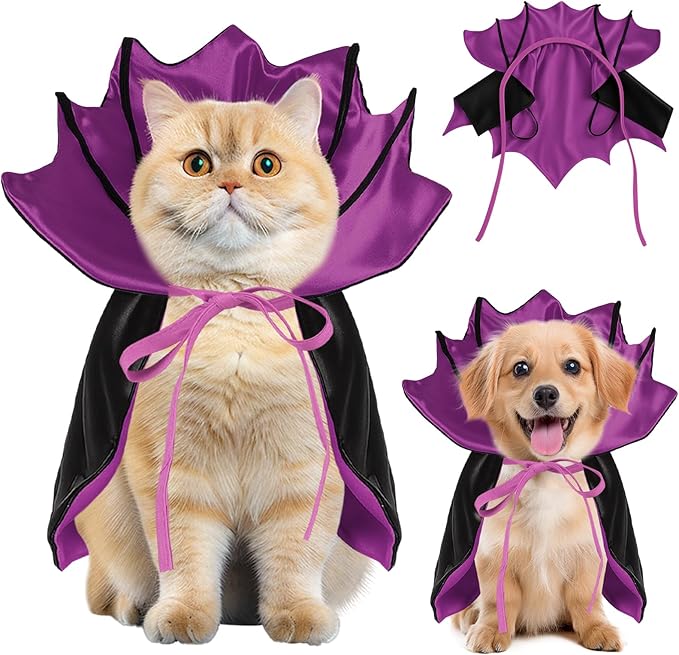 Dog Halloween Costume, Pet Cape for Small Puppy Dogs Cat Funny Red & Black Halloween Costumes with Neck Armor Adjustable Strap Idea for Vampire Party Cosplay (Purple Bat, S)