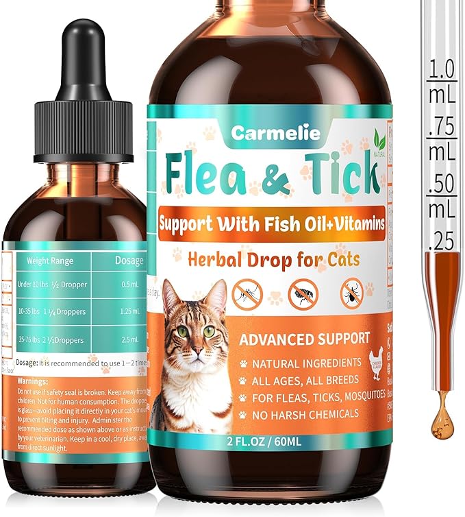 Flea and Tick Prevention for Cats, Natural Cat Flea Liquid Drops, Flea & Tick Supplement with Vitamins & Fish Oil for Cats Healthy Skin & Coat - All Breeds, Kittens to Senior Cat - Chicken Flavor