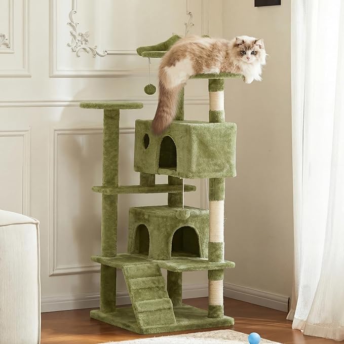 DUMOS 54 Inch Cat Tree Tower, Indoor Multi-Level Pet House for Large Cats Tree with 2 Condos, Scratching Posts, Round Platform, Small Ladder, and Toys, Green