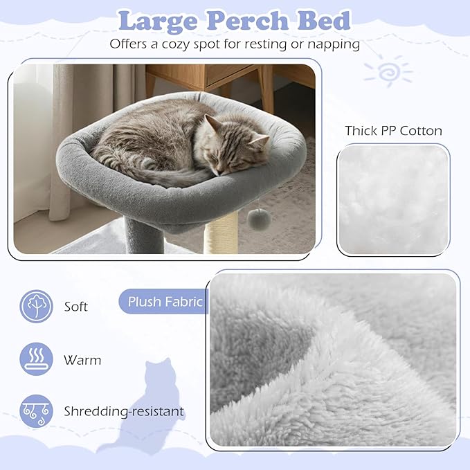 Tangkula Small Cat Tree for Indoor Cats, Cat Tower with Sisal Scratching Posts, Hanging Pompom, Cat Condo with Large Padded Plush Perch for Small Spaces, Kittens (Light Grey)