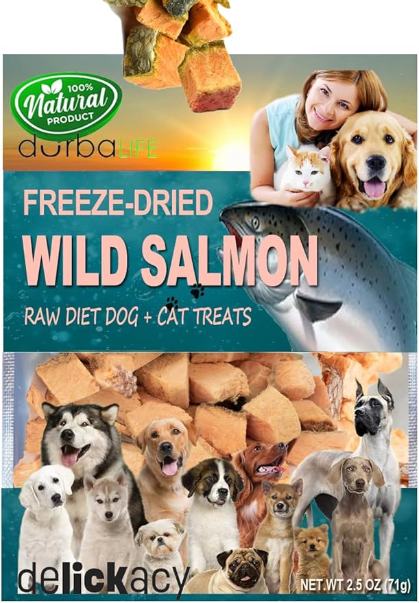 Freeze-Dried Wild-Caught Pink Salmon Treats for Dogs & Cats - Nutrient-Dense, Single-Ingredient Snack, Food Topper. Gluten-Free Weight Control, Training Bites, Allergy Friendly (2.5 Ounce, Salmon)