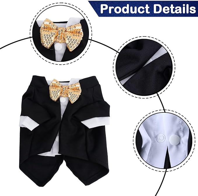 Dog Tuxedo Wedding Outfit Birthday Suit with Gold Bow Tie Formal Dog Tux Party Pet Costume for Small Medium Large Dogs Cats