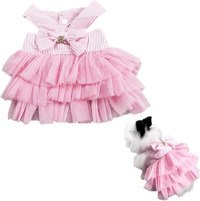 Rabbit Dress Bunny Costume Clothes Skirt Daily Wear Cloth for Small Cat Dog Puppy Chinchilla Guinea Pig, Small Animal Dress for Party Photo (Striped Pink,XS)