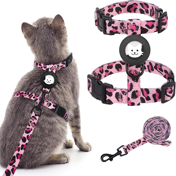 BINGPET Cat Harness with Airtag Holder, Cat Harness and Leash Set Escape Proof for Walking Travel Outdoor, Soft Adjustable Kitten Harnesses for Small Medium Large Cats, Pink Leopard(Chest:12.5"-18")