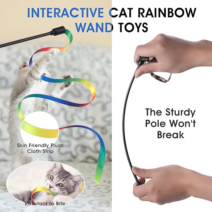 Cobee 6 Pack Cat Wand Toy Set, 30cm Cat Interactive Wand with Rainbow Ribbon String + Leopard Print Cloth String for Kitten Training & Exerciser