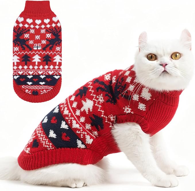 PUPTECK Christmas Cat Sweater, Soft Warm Turtleneck Pet Winter Clothes, Kitten Sweater Apparel, Knitwear Coat for Cats Puppy Outfit Cold Weather Clothes, Red M