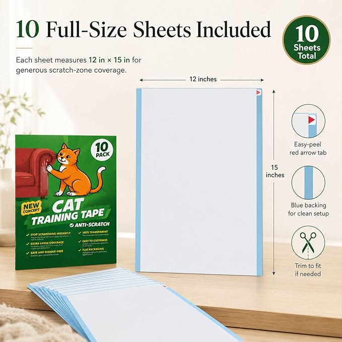 Cat Scratch Deterrent Tape – 10 Double-Sided Anti-Scratching Sticky Tape – Protect Furniture & Train Cats to Stop Scratching – Effective Cat Training Tape for Sofas & Couches