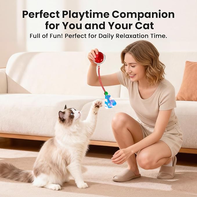 Rocfish Cat Toys, Cat Toys for Indoor Cats, Cat Toys Interactive, 360° Rotating Automatic Interactive Cat Ball, Smart Activation, LED Light, Type-C Rechargeable, 3 Replaceable Dragonfly Tails (Red)