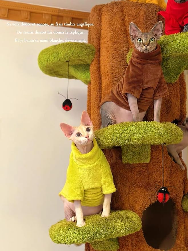 Sphynx Cat Clothes Winter Turtleneck Soft Coral Fleece Cat Clothes Thicken Warm Pajamas Coat for Hairless Cats and Small Cat Apparel with Sleeves (Brown Coffee, M（3.8-6lbs）)