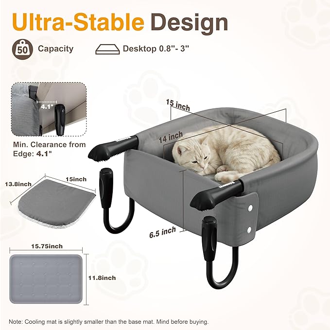 Cat Desk Bed with Cooling Mat for Summer Heavy Duty Cat Bed for Desk Attachment for Large Cats 50 lbs Extra Sturdy Dog Chair Dual-Sided Mat Waterproof Easy Assembly for Gaming Desk Kitchen Island Gray