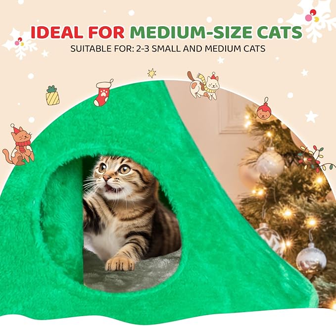VINGLI 59in Large Christmas Tree Cat Tower for Indoor Cats, Green Cat Tree with 2 Cat Condos & Scratching Post, Soft Fleece Multi-Level Cat Tower with Teaser Toy, Sturdy Wide Base & Built-in Openings