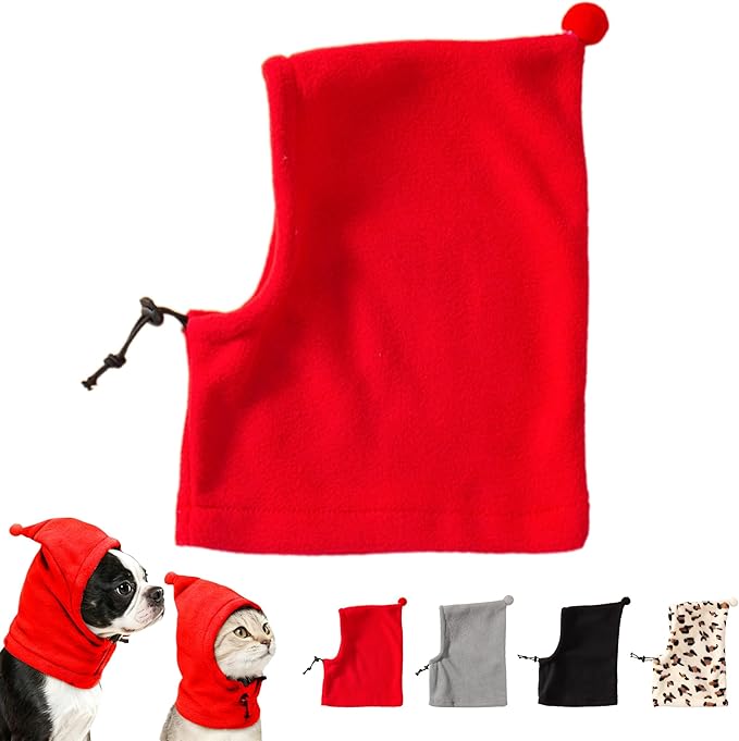 Pet Neck Warmer with Hat, Leopard Print, Adjustable Drawstring, Soft Polyester, for Dogs and Cats (Red, Small)