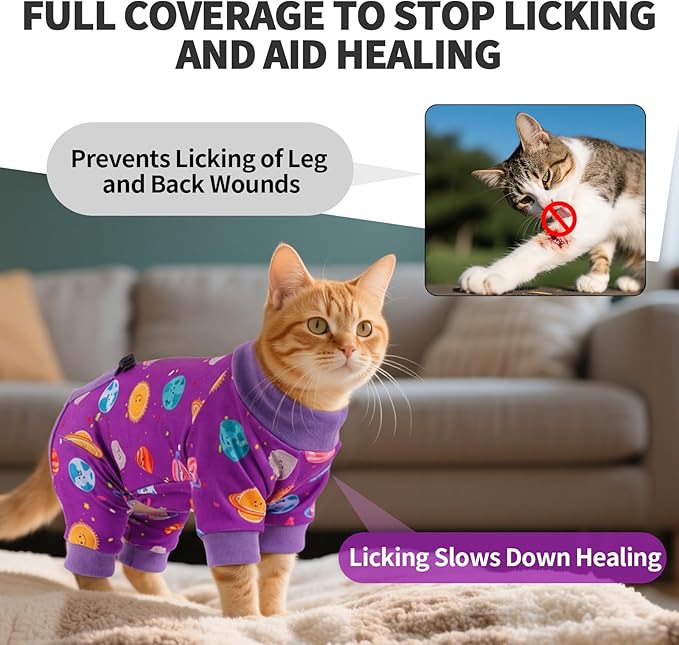 Sticky Hair Cat Clothes, Anti-Shedding Cat Pajamas, Post-Surgery Recovery Onesie, Soft Breathable, Prevents Licking & Scratching Wounds, Warm Cats Sweater, Sphynx Cats Clothing- Purple XXL
