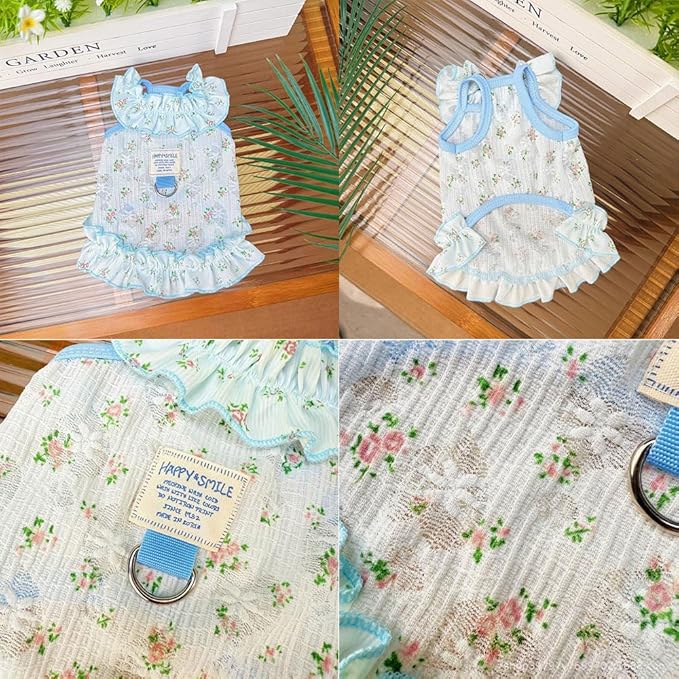 Dog Cat Cooling Summer Dress with D-Ring, Ice Silk Mesh Breathable Pet Clothes, Anti-UV Mosquito Proof, High Elastic Ruffle Dress & Half Belly Cover for Small Dogs Cats(Sky Blue, Large)
