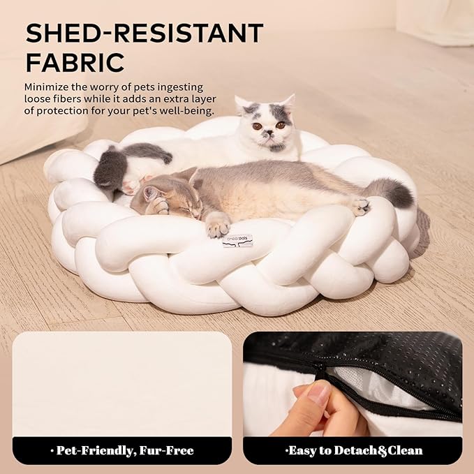 CHEERPALS Weave Cat Bed for Indoor Cats,Cute Pet Bed with Washable Cushion Fluffy Kitty Bed for Small Dog(White)