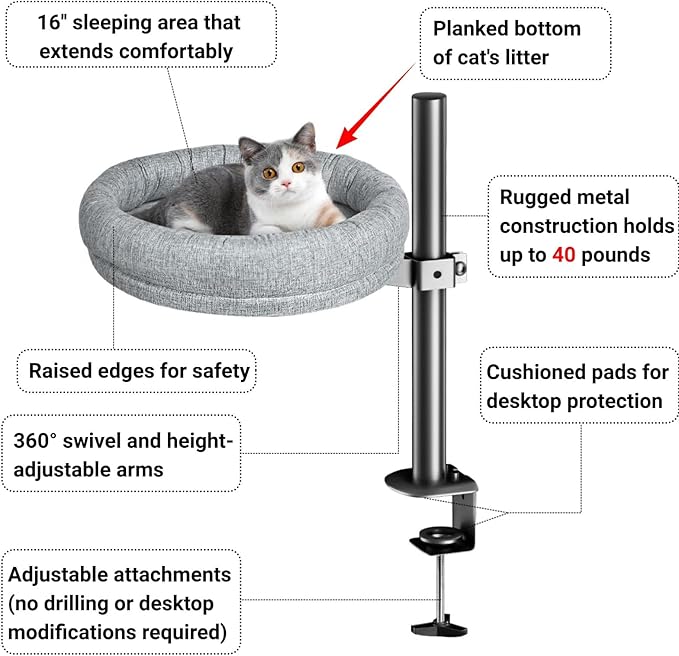 Cat Desk Bed, 360° Rotating & Height Adjustable Cat Hammock, Metal Bracket Supports to 40 lbs, Removable&Washable, Kitten Bed for Desk