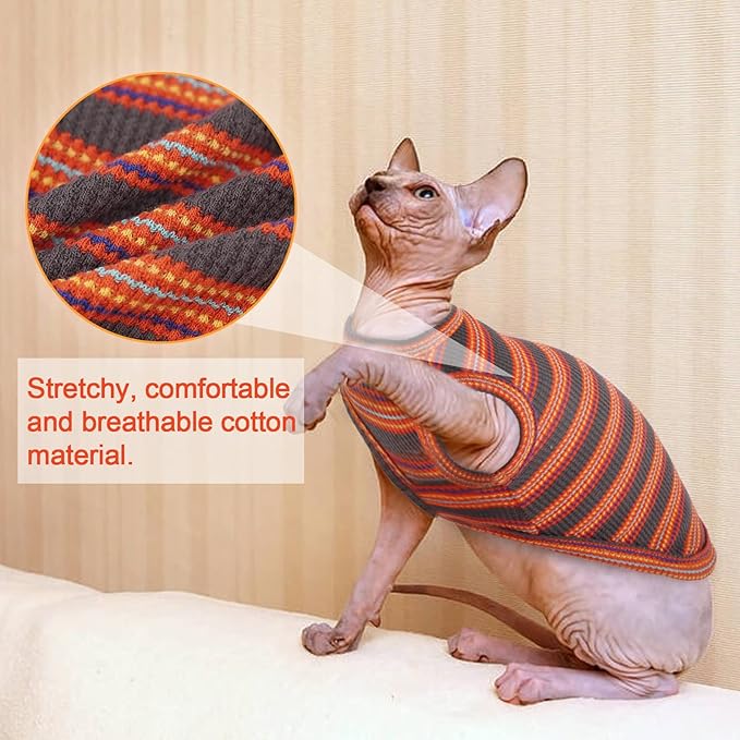 Sphynx Cat Clothes, Breathable Hairless Cat Shirts, Stripe Kitten T-Shirts Sleeveless, Pullover Cat Sweaters, Pet Summer Apparel for Sphynx, Cornish Rex, Devon Rex, Peterbald, Small Dogs
