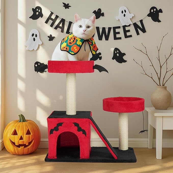 26" Gothic Cat Tree, Cat Tower with Spacious Cat Condo, 2 Padded Perches, Spider Toy, Scratching Posts, Scratching Ladder for Large Cats, Red & Black (60 * 40 * 66CM)