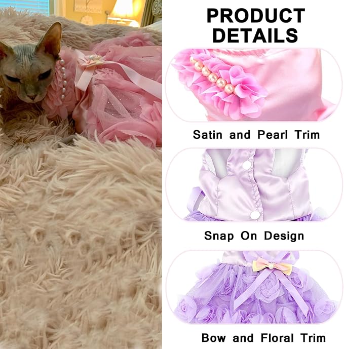 SMALLLEE_Lucky_Store Pet Small Dog Wedding Dress with Bowknot Birthday Party Costume Satin Rose Pearls Girl Formal Dress Cat Tutu Purple Violet XS, (YP0173)