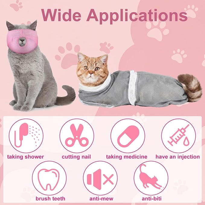 10 Pcs Cat Bathing Bag Set Mesh Shower Bag Anti Bite and Scratch Pet Grooming for Washing Brush, Cat Muzzle, Nail Clipper, Nail File, Tick Tool (Gray and Pink)