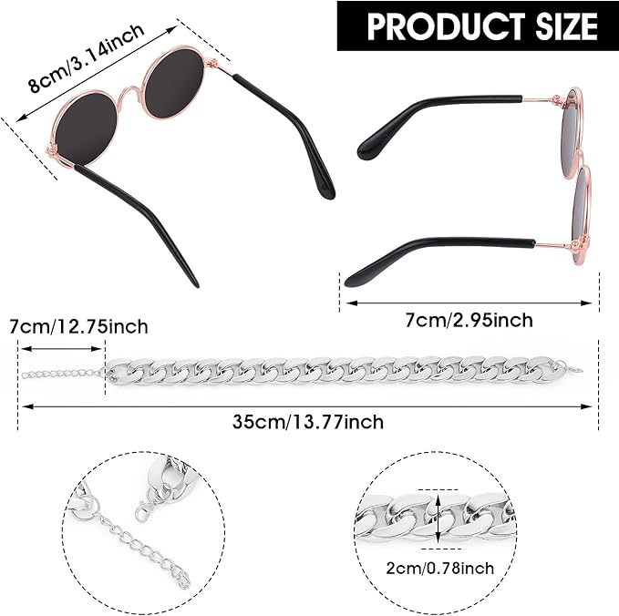 Molain Cat Sunglasses Gold Chain Costume Decorations- Cat UV Protection Classic Retro Puppy Retro Black Sunglasses Faux Silver Adjustable Chain Cosplay Costume Cool Funny Photo Props
