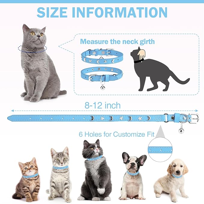Leather Cat Collars for Boy Girl Cats with Bell and Safety Elastic Belt, Personalized Star and Moon Stud Adjustable Safe Buckle Collar for Kitty Small Big Cats Size 7-9 Inch, Light Blue