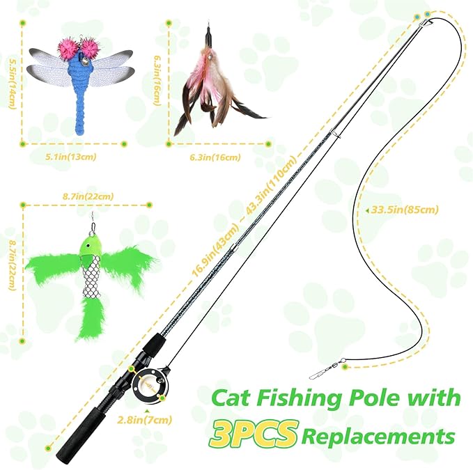 Pawaboo Interactive Cat Toy, Retractable Cat Fishing Rod with 3 Replacement Fishing Lures Made of Feathers and Bells, Adjustable Line Length, Feather Teaser for Cats, Kittens, Fun, Blue