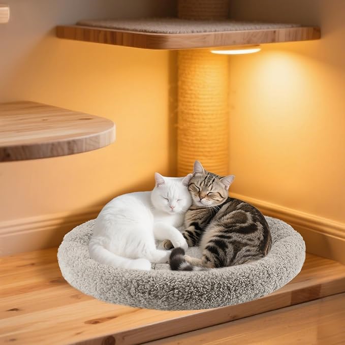 Cat Bed Mat 19.5" Round Pad with Pillow Around, Warm Plush Cushion for Small to Medium Dogs Cats Sleep/Nap, Neck Protection Mattress, Non-Slip Washable, Large