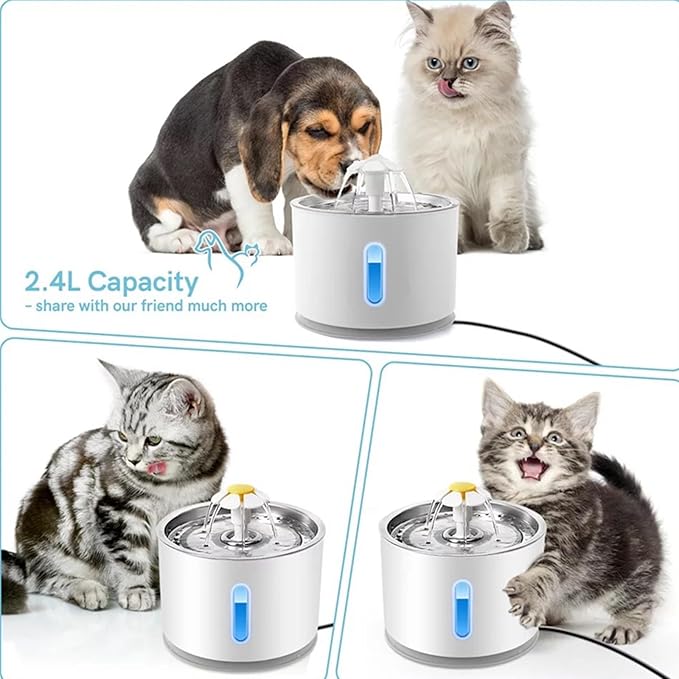 Cat Water Fountain, 81OZ/2.4 L Ultra Silent Cat Fountain with Stainless Steel Top and Water Level Window, Activated Carbon Filter, 3 Different Flow Designs, Suitable for Kittens and Dogs