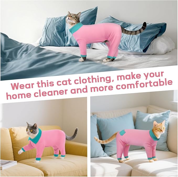 T'CHAQUE Sticky Hair Cat Clothes, Professional Recovery Suit for Cats, Anti-Shedding Shirt Outfit, Soft Pajamas for Kittens, Post-Surgery Onesie for Male & Female Cats