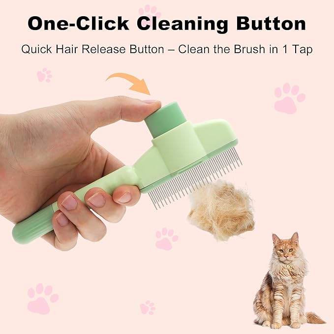 Cat Comb, Pet Hair Removal, Flea Exit, Grooming Brush with Release Button, De-Shedding Brush for Short and Long Hair Green