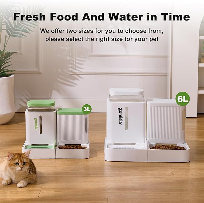ZOMISIA Automatic Cat Feeder and Water Dispenser Set, 2 in 1 Gravity Cat Food Dispenser with 180 Degree Rotatable, Pet Self Feeding Large Capacity for Small Dogs Puppy Kitten, Black, 0.8 Gallon x 2