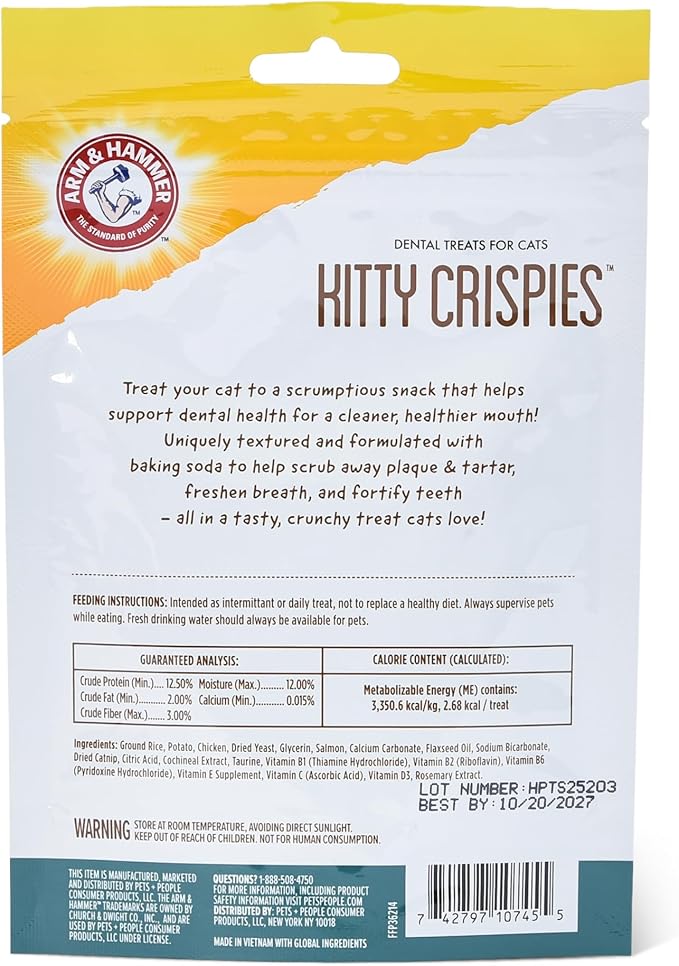 Arm & Hammer Kitty Crispies Dental Cat Treats, Baking Soda & Calcium Formula, Fights Bad Breath, Plaque & Tartar Without Brushing, Highly Digestible, Salmon Flavor, Adult Cats, 2 Oz