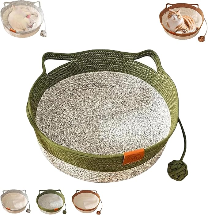 Instinct Basket, Stimuli Cat Bed with Toy Tail, Stimulicat Bed Rope Cotton with Cushion, Cats Ear Design, Breathable All Season Universal, Scratch-Resistant (Green,Large)